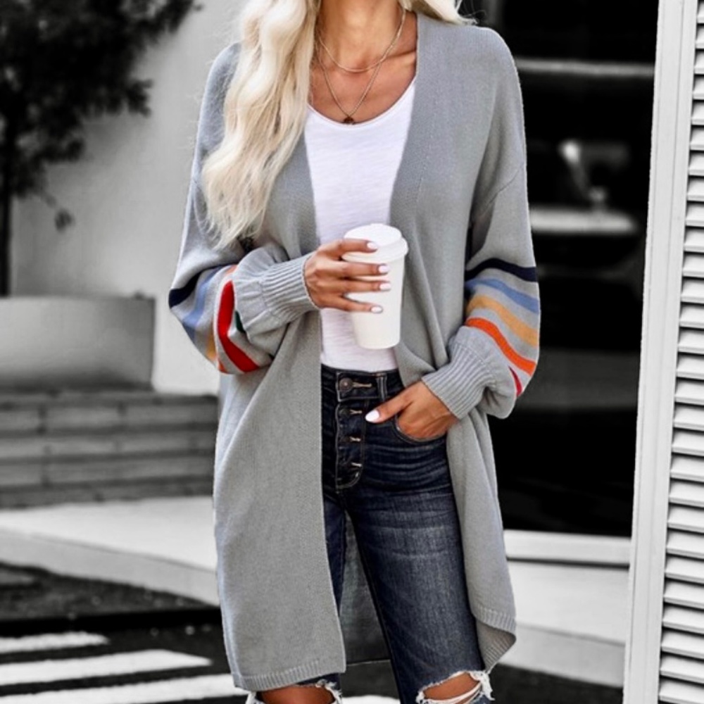 Grey Striped Balloon Sleeve Cardigan